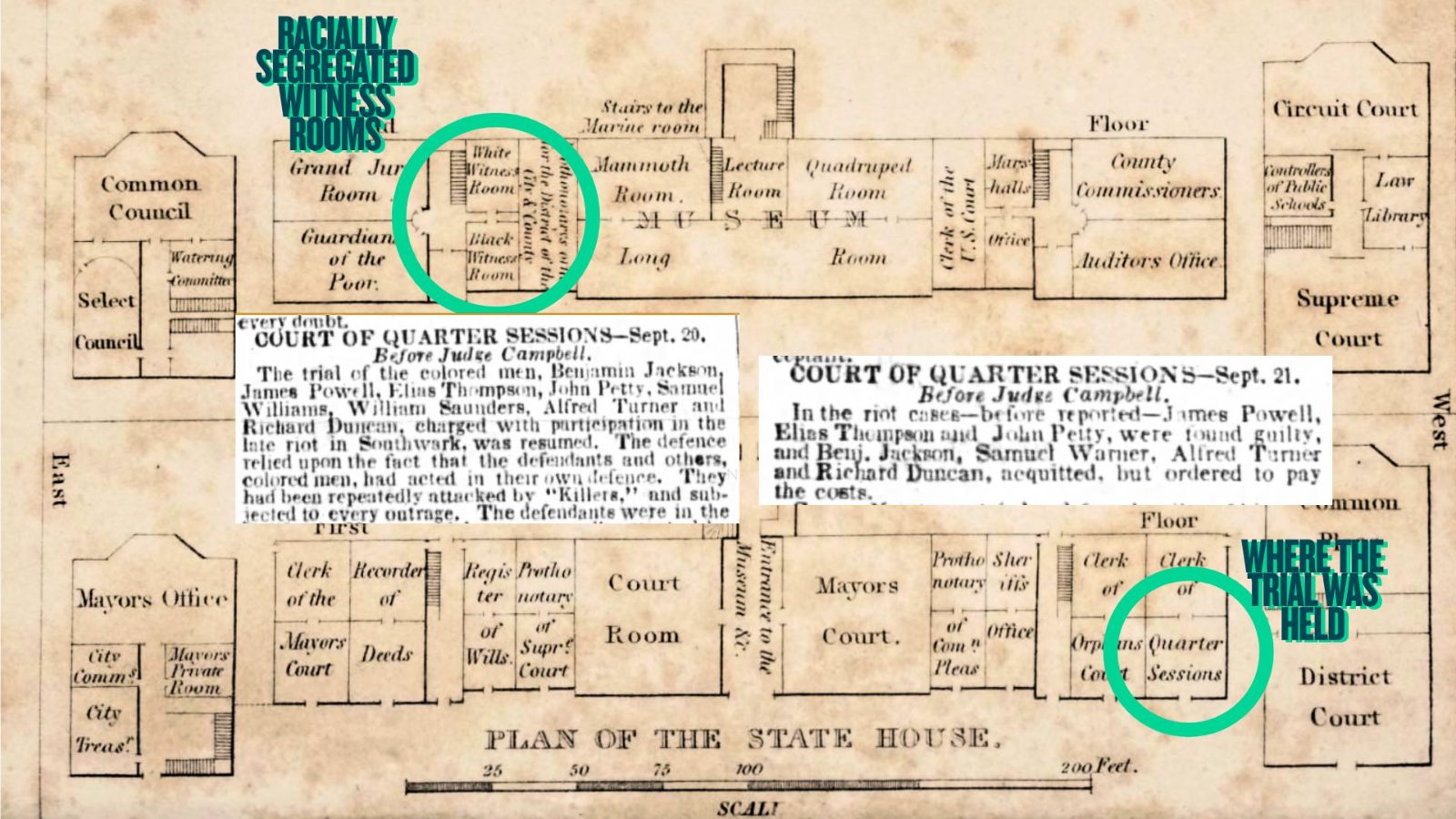 Visual of the layout of Independence Hall form 1824. Source: Philadelphia In 1824 Philadelphia: H. C. Carey & I. Lea, 1824. Newspaper excerpts from Public Ledger, Sept 21 and 22, 1849