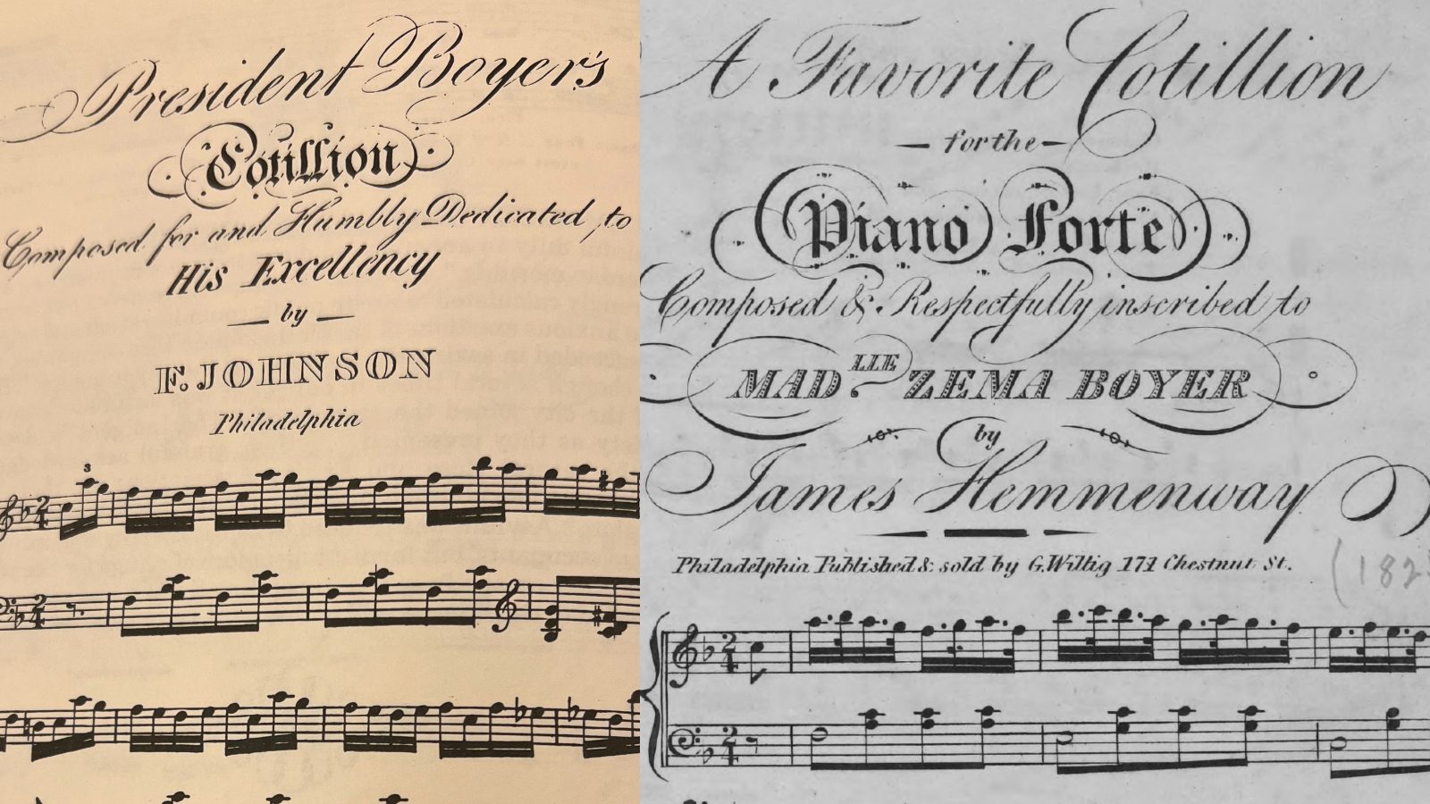 Titles for Johnson's and Hemmenway's cotillions for the Boyer family.