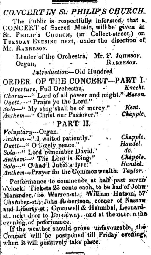 Ad in Freedom's Journal on September 28, 1827. (I have checked on all of the pieces listed. Each one has surviving sheet music available online. Only the opening Knecht overture is unclear. Theoretically, this concert can be reproduced today.)