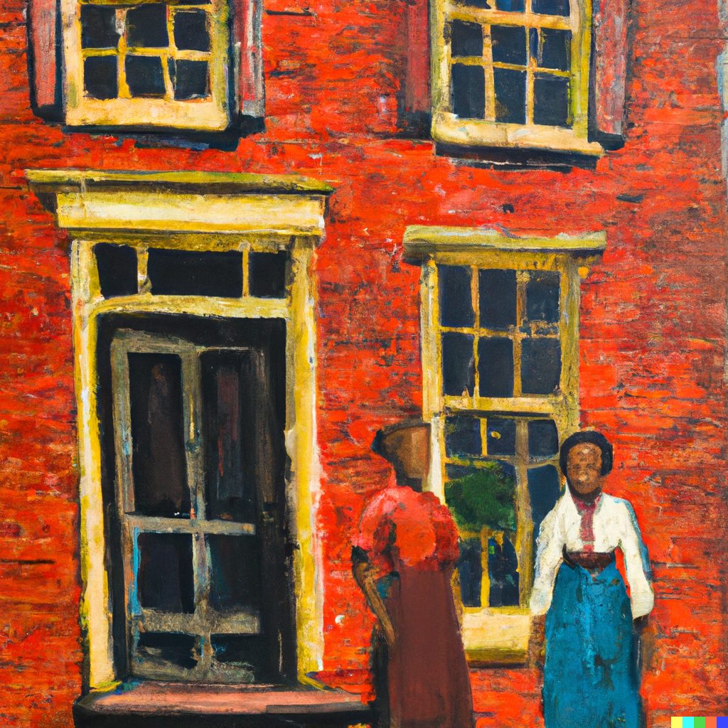 Hetty Reckless and Hetty Burr stand outside the Moral Reform Retreat at 7th and Lombard in 1842