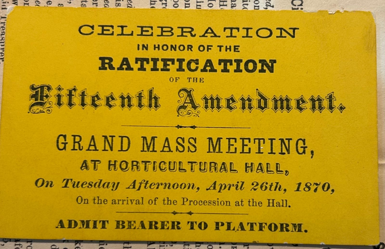 A ticket from the event, Courtesy Leon Gardiner collection, Historical Society of Pennsylvania