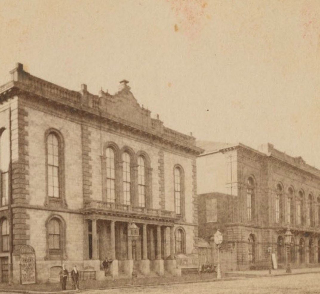 The building on the left is Horticultural hall, where the post parade meeting and gala was held. And the building on the right is the Academy of Music. Courtesy Library Company of Philadelphia