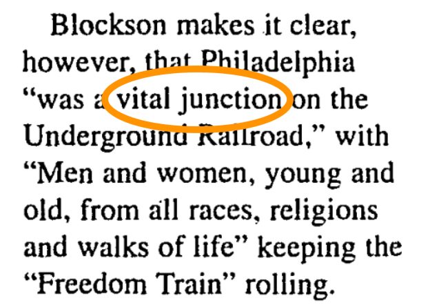 From 'Philadelphia was a major 'Railroad' stop: A link in a 'mysterious network' that led thousands to their freedom' Kendall Wilson Tribune Staff Writer. Philadelphia Tribune (1912-); Philadelphia, Penn.. 11 Feb 2003